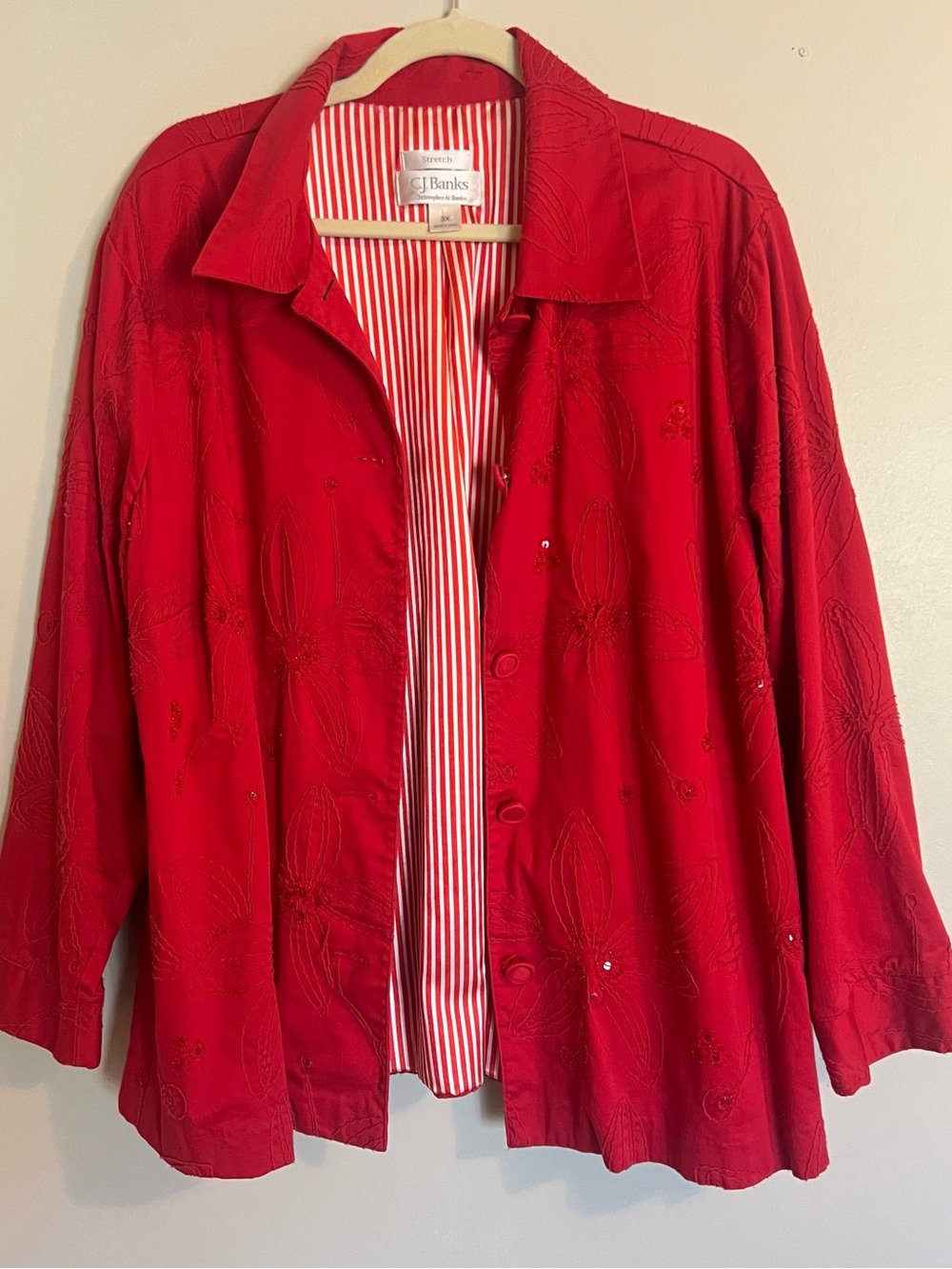 CJ Banks Red Embroidered Button-Down Shirt Jacket